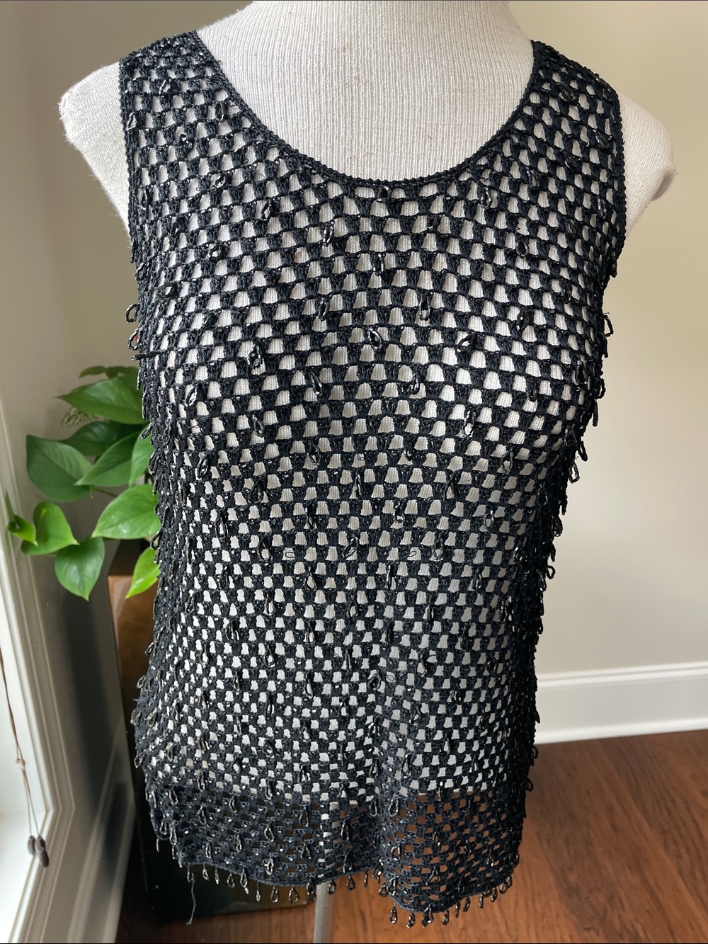 Donna Karan Black Beaded Crochet Tank